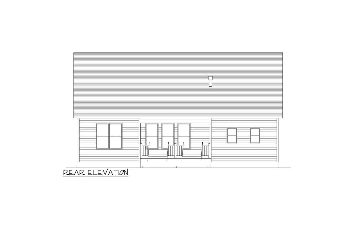 Rear elevation drawing of a house with a covered porch, three windows, and a dormer.