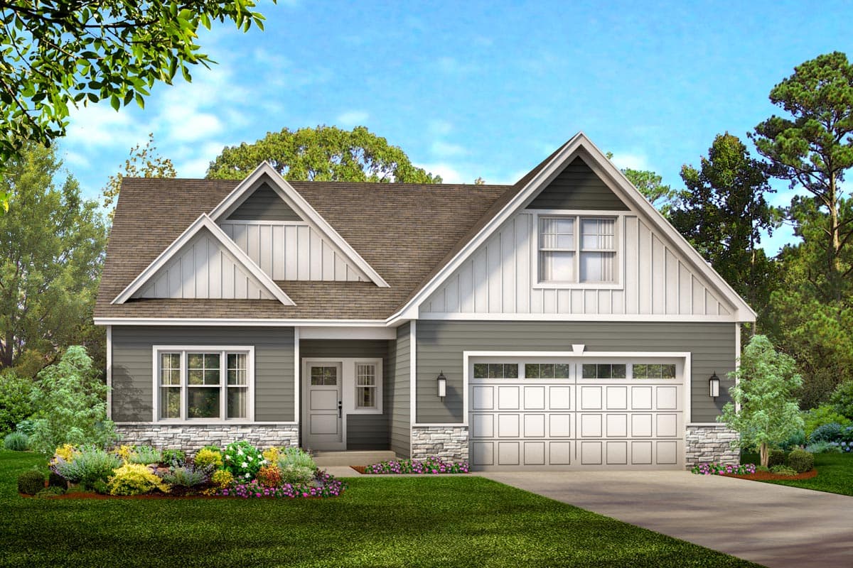 House plan exterior. Two-story Modern Farmhouse with gables, stone accents, and a front-facing garage. Features a windowed garage door.