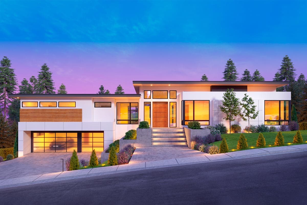 House plan exterior. Modern style, single-story house with a flat roof, large windows, and a two-car garage. Features include wood accents.