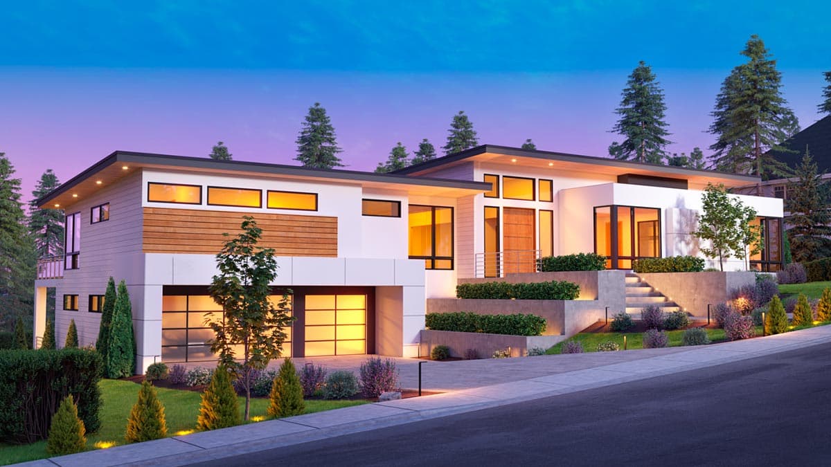 Modern house plan exterior with two stories, flat rooflines, horizontal wood siding, and a stepped concrete retaining wall.