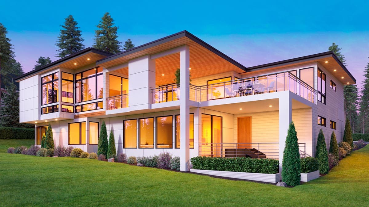 Modern house plan exterior with multiple levels, extensive windows, and upper-level balcony with glass railings.