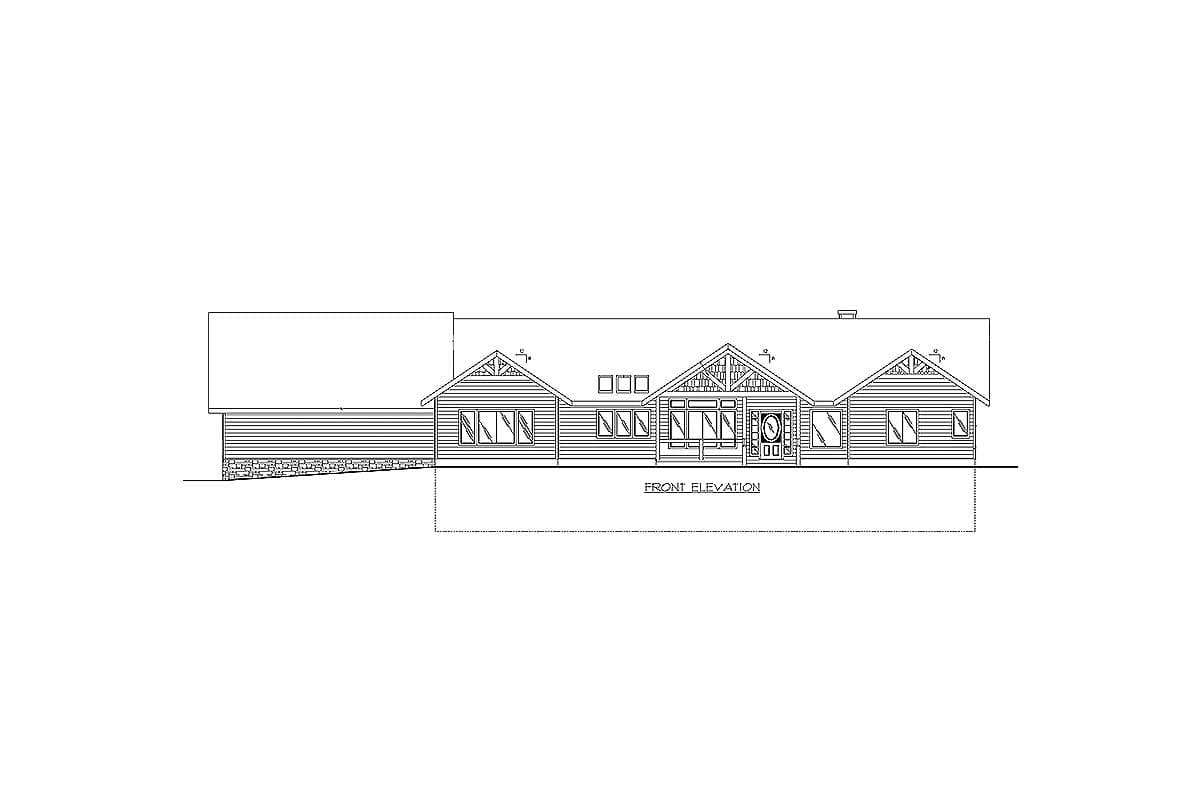 Front elevation drawing of a one-story house with gabled dormers, decorative eaves, and horizontal siding.