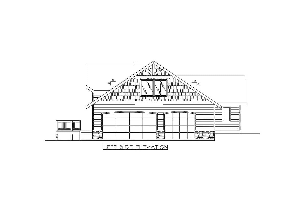 Left side elevation house plan. Features two garage doors, a deck, and a decorative gable with windows.