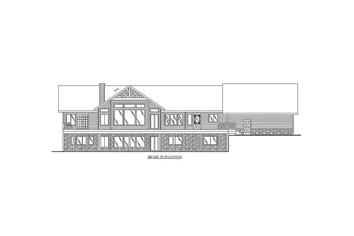 Rear elevation drawing of a house plan featuring a large gable with windows, stone base, and multiple windows.