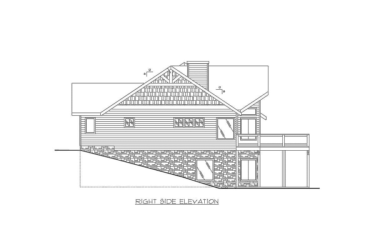 Right side elevation drawing of a multi-story house with stone base, horizontal siding, gabled roof, and deck.