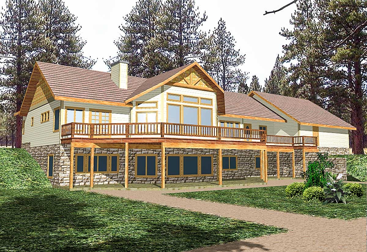 House plan exterior: Two-story modern house with stone foundation, wraparound deck, gables, and large windows.