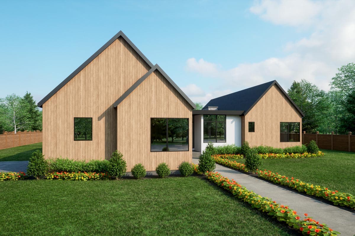 Modern house plan exterior with vertical wood siding, intersecting gables, dark roof, and large black-framed windows.