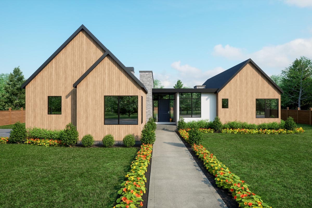 House plan exterior. Modern style with a single story, gable roof, and rectangular windows. Features wood siding and a covered entry.