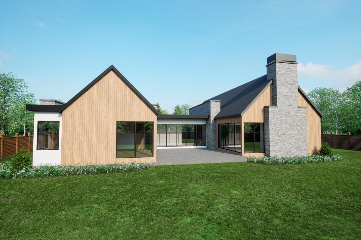 House plan exterior with gabled rooflines, wood siding, stone chimney, and large windows.