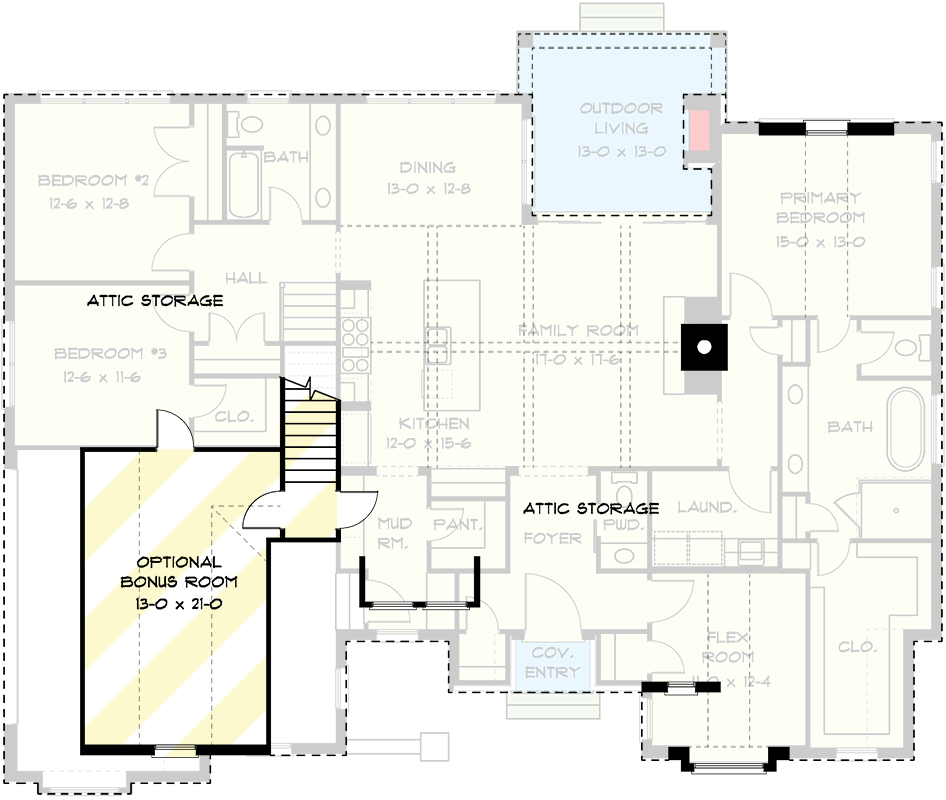Plan 93186EL: Contemporary Tudor Home Plan with Flex and Bonus Rooms - Floor Plan - 2nd Floor - Acadian, Contemporary, European, Southern, Transitional, Tudor