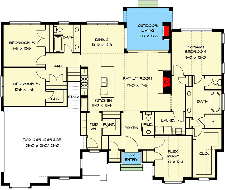 Plan 93186EL: Contemporary Tudor Home Plan with Flex and Bonus Rooms - Floor Plan - Main Level - Acadian, Contemporary, European, Southern, Transitional, Tudor