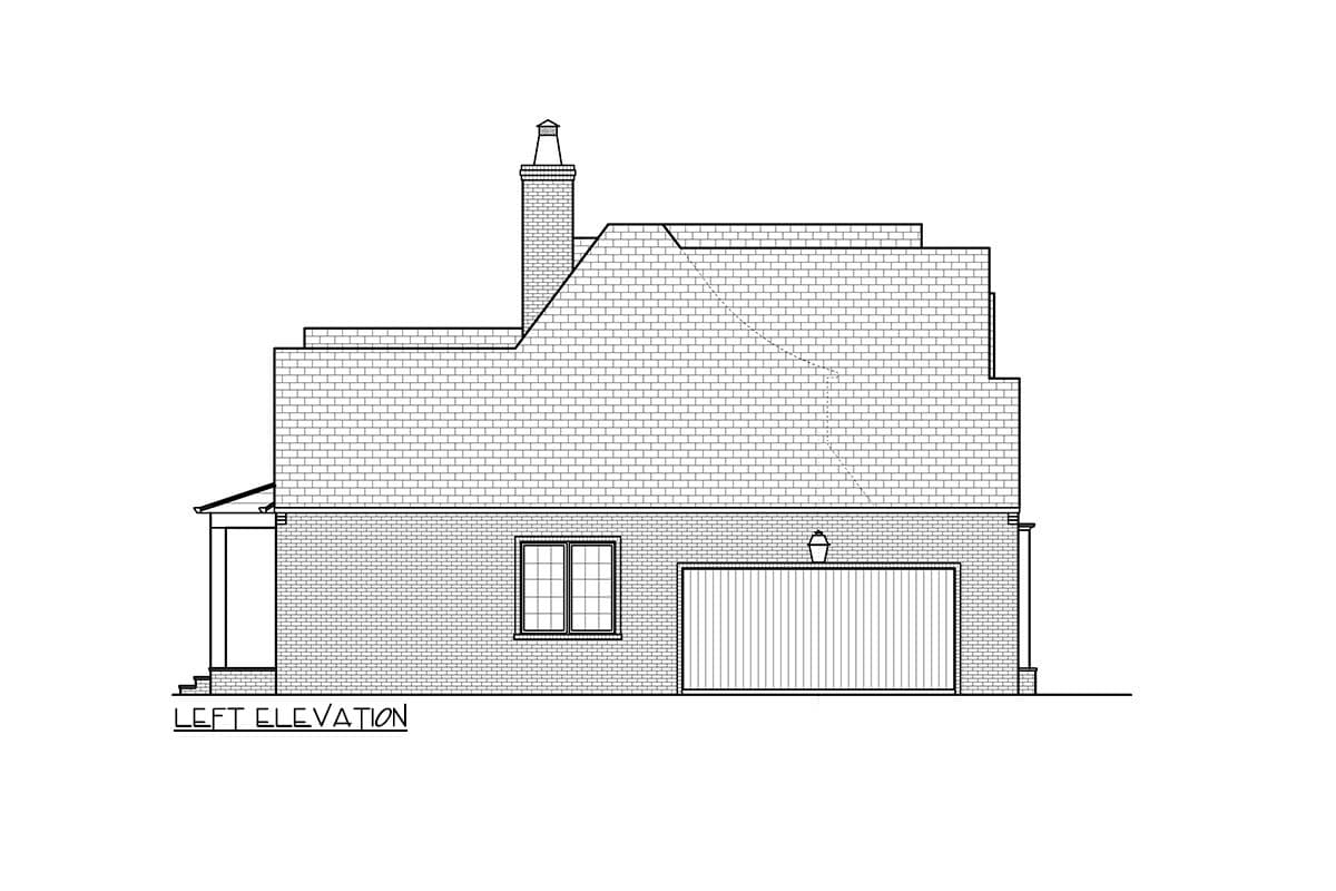 Left elevation drawing of a house plan showing a brick exterior, dormer window, chimney, and garage door.