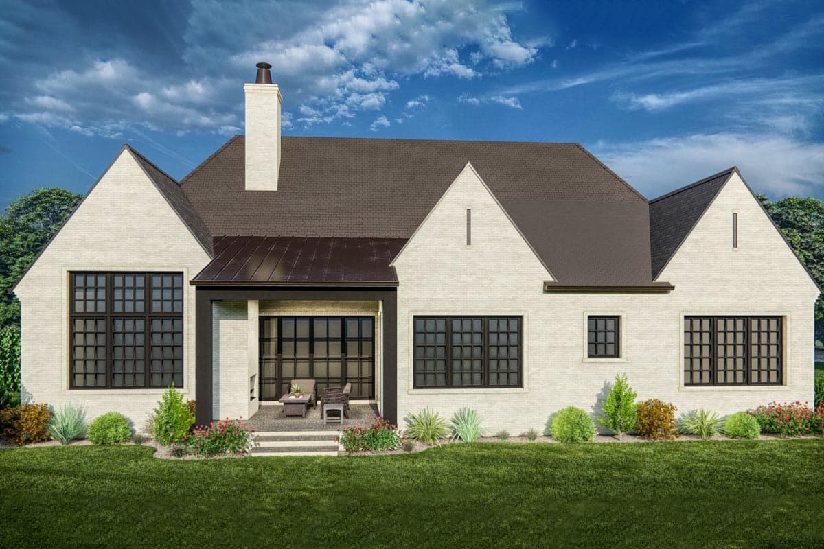 House plan exterior: Modern style with white brick, multiple gables, dark metal roof, large black-framed windows, and covered patio.