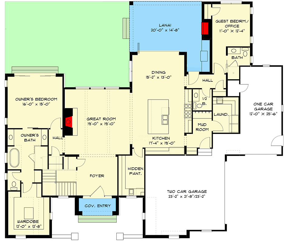 Plan 93187EL: 4000 Square Foot Transitional Tudor Home Plan with Main-Level Owner's Suite  - Floor Plan - Main Level - European, New American, Transitional, Tudor