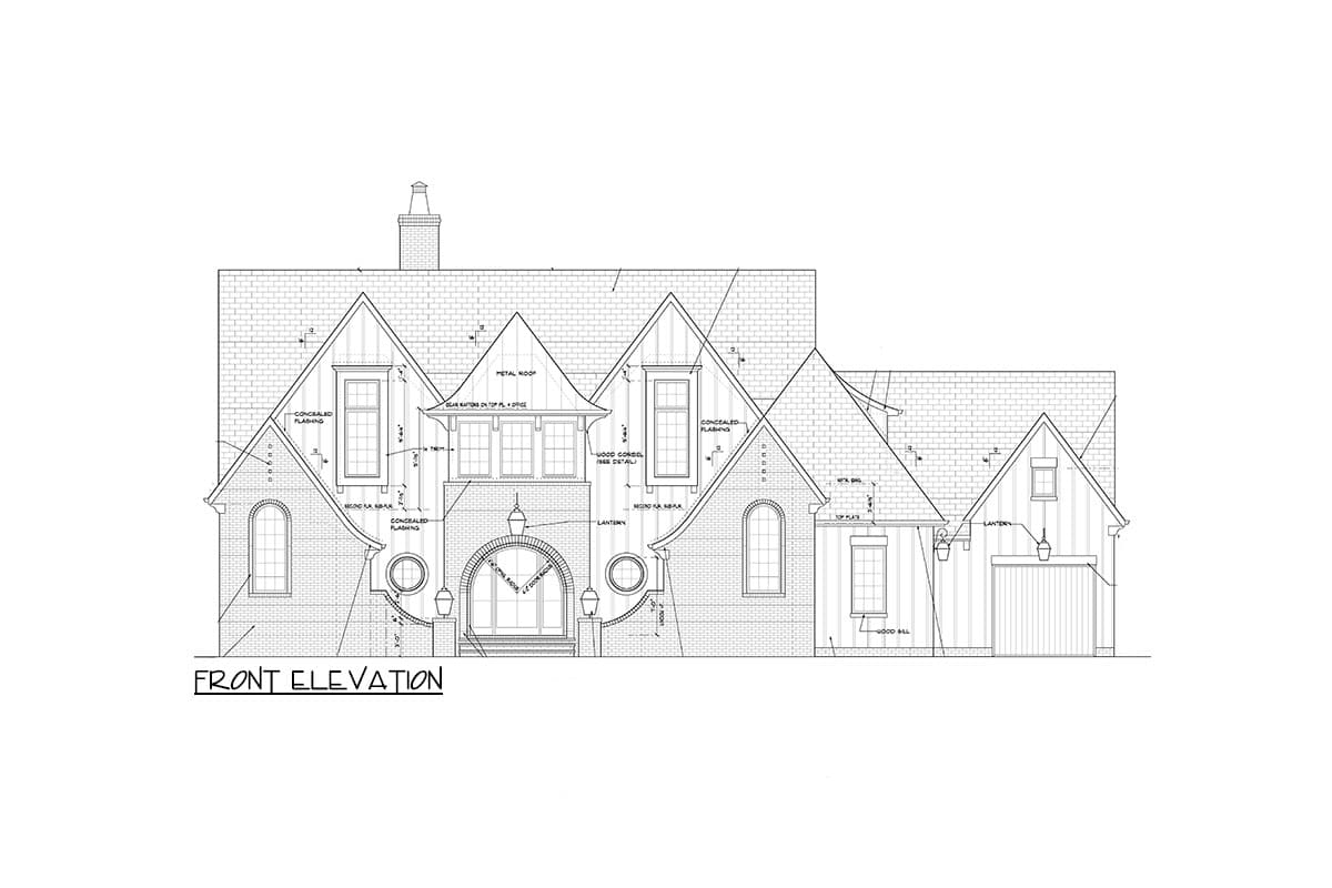 Front elevation architectural drawing of a house with multiple gables, arched entry, dormers, and attached garage.