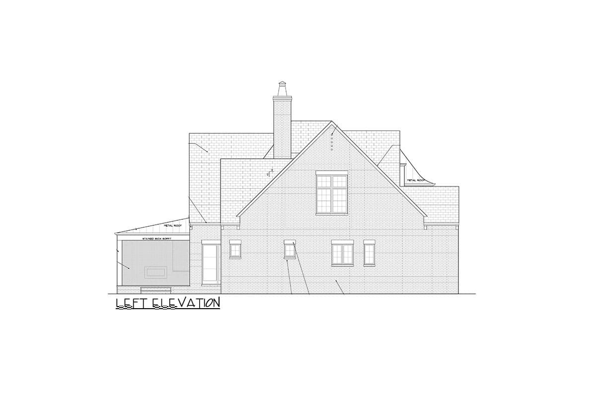 Left elevation drawing of a house plan featuring brick exterior, multiple gables, chimney, and a covered porch.