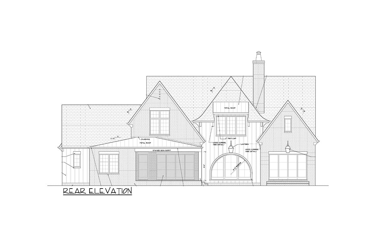 Rear elevation drawing of a house with brick facade, multiple gables, arched window, and dormers.