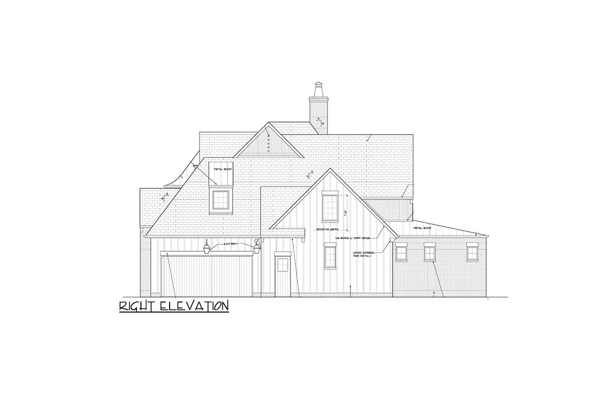 Right elevation drawing of a house plan with a two-car garage, dormers, gables, and metal roof sections.