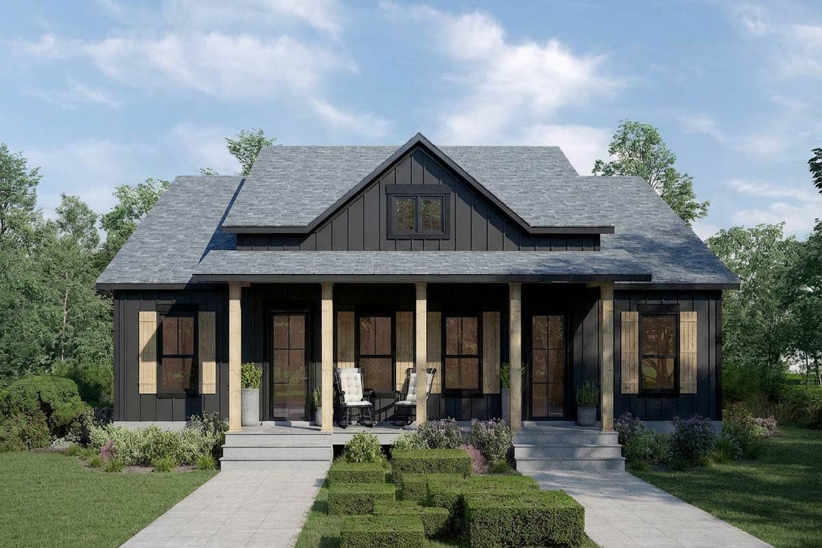 Modern Farmhouse house plan exterior with a full-width covered porch, gable dormer, and dark vertical siding.