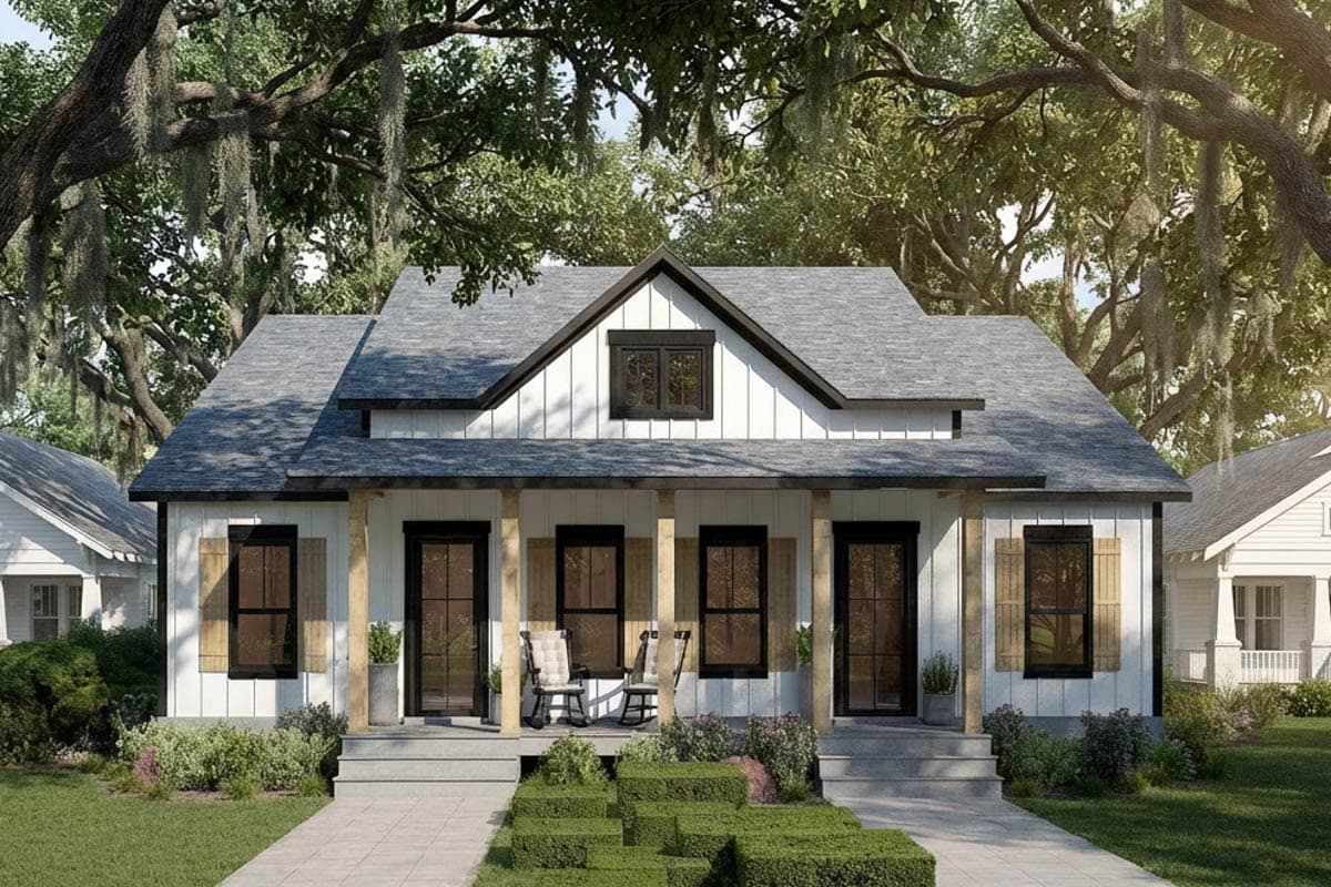 House plan exterior: One-story Modern Farmhouse with a covered front porch, board and batten siding, and gable dormer.