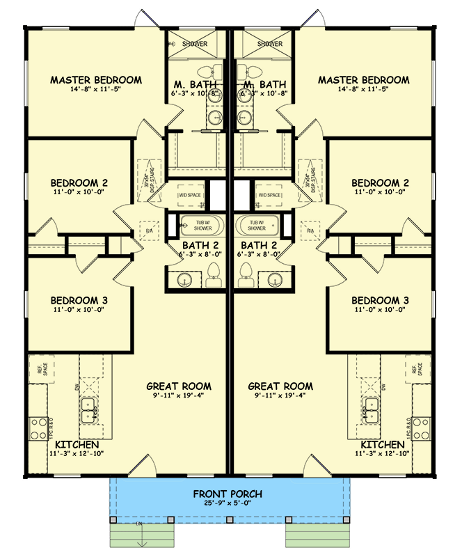Plan 100305GHR: Modern Farmhouse Duplex House Plan with Matching 1046 Square Foot 3-Bed Units - Floor Plan - Main Level - Country, Farmhouse, Modern Farmhouse, Southern