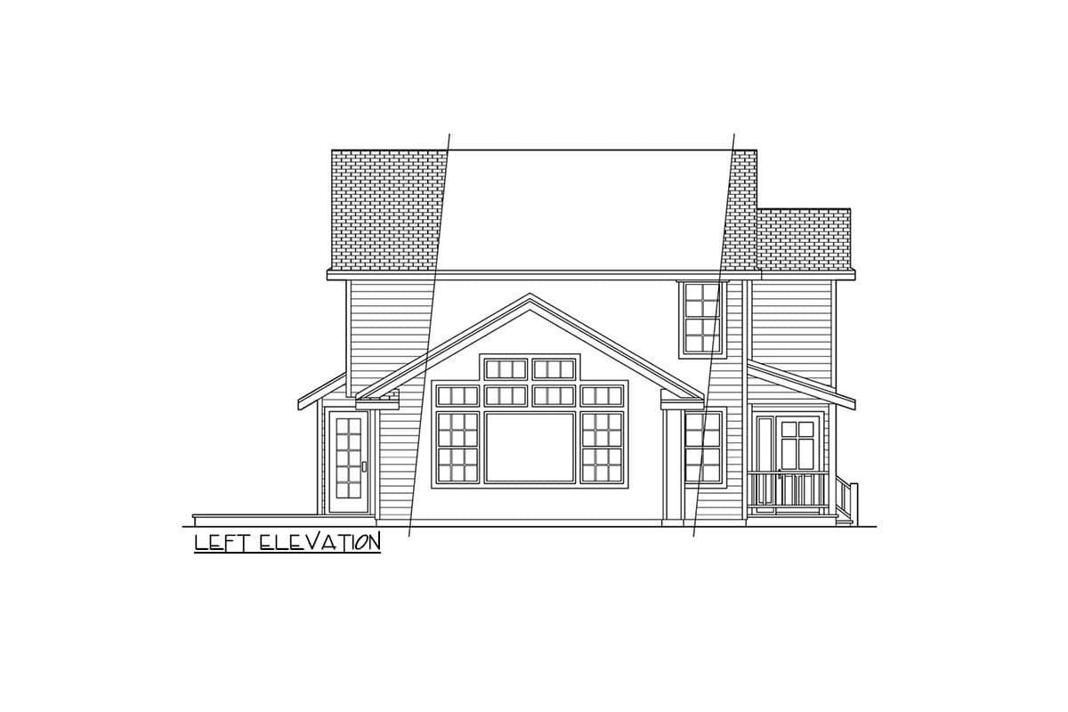 Left elevation drawing of a two-story house plan with multiple gables, a covered porch, and varied window styles.
