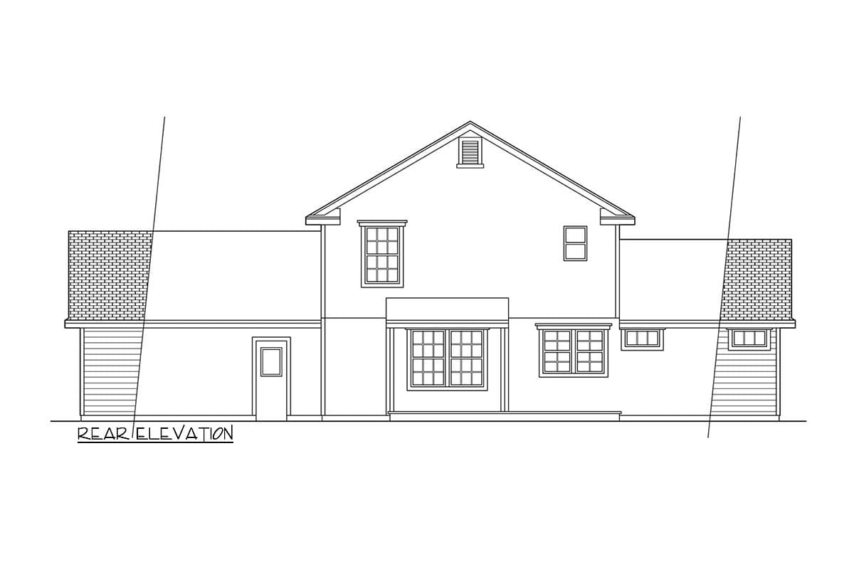 Rear elevation drawing of a two-story house plan with gabled roof, porch, and multiple windows.