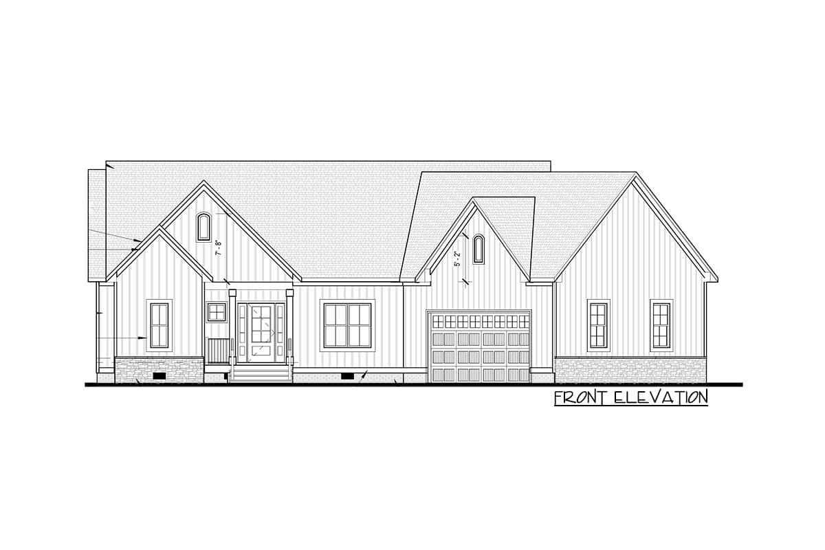 Front elevation drawing of a one-story house plan with a covered front porch, gabled dormer, and attached garage.