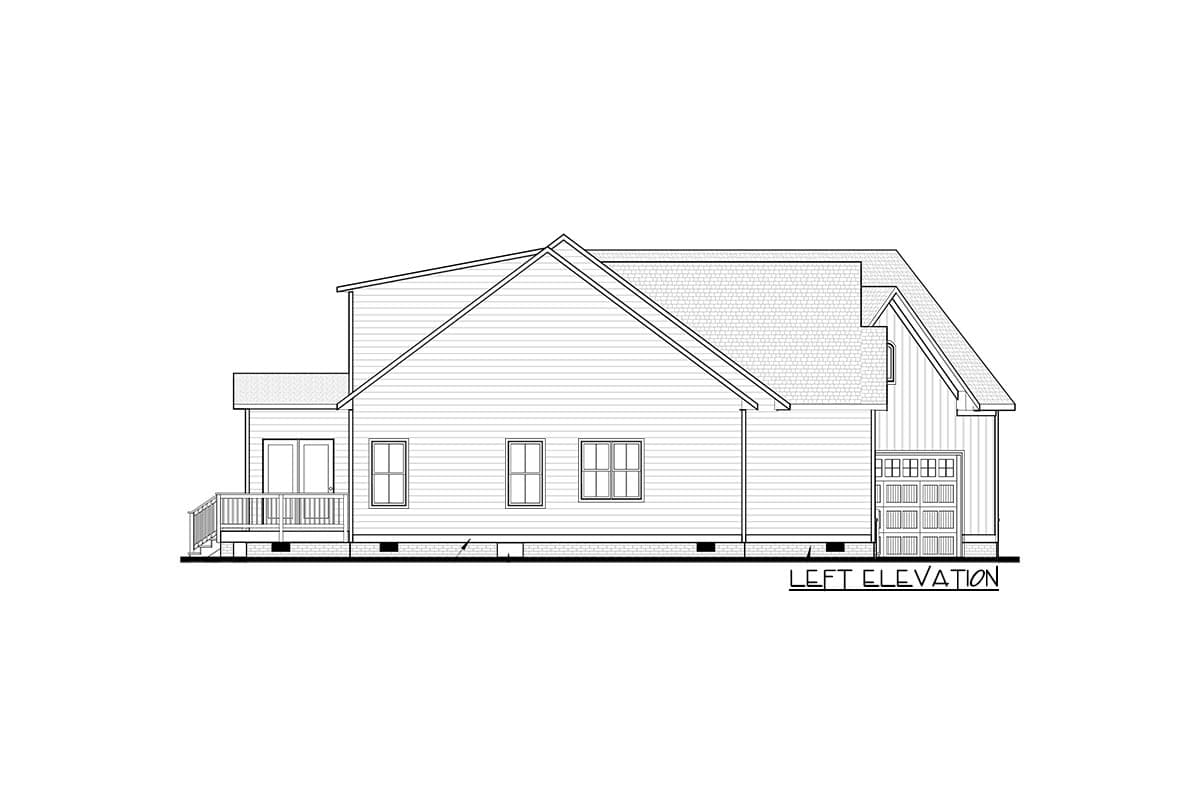 Left elevation house plan showing a garage, deck, and multiple gables with vinyl siding.