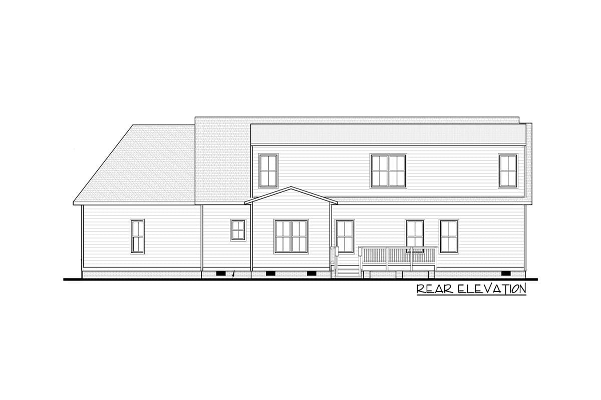 Rear elevation drawing of a two-story house with a sloped roof, multiple windows, and a rear deck.