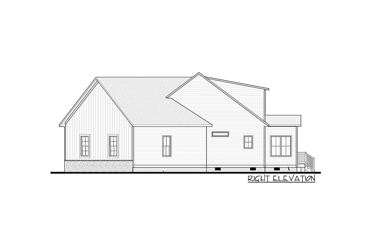 Right elevation house plan showing a gable roof, vinyl siding, stone base, and multiple windows.