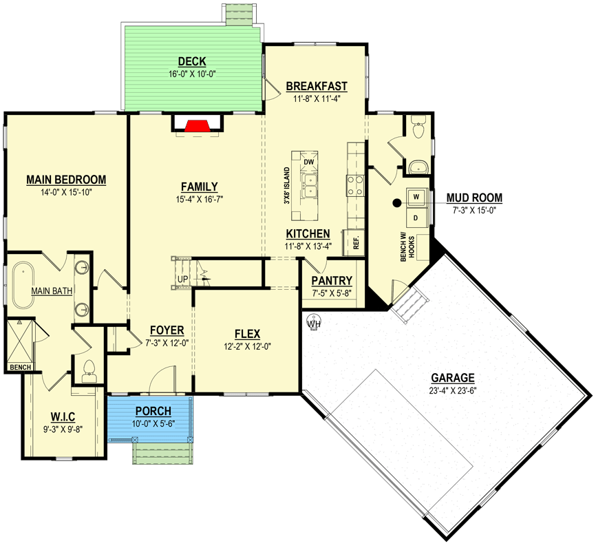 Plan 83638CRW: 2-Story Modern Farmhouse Plan with Flex Room and First-floor Main Bedroom - Floor Plan - Main Level - Country, Craftsman, Farmhouse, Modern Farmhouse, New American