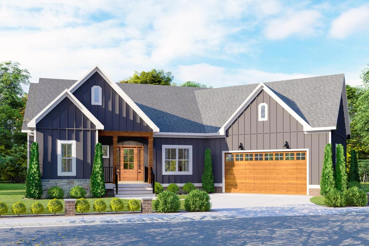 House plan exterior. Craftsman style, single-story home with a gabled roof, covered porch, and attached garage with a wood door.
