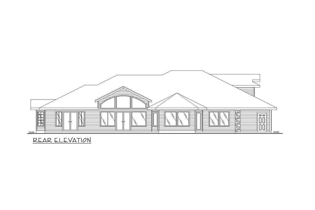 Rear elevation drawing of a one-story house plan with multiple gables, large arched windows, and a two-car garage.