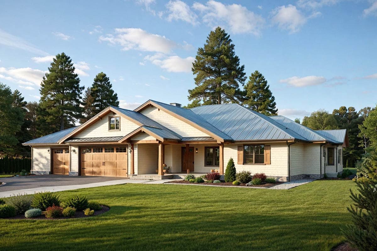 House plan exterior: Ranch style, one story, with attached three-car garage, covered entryway, and hip roof.