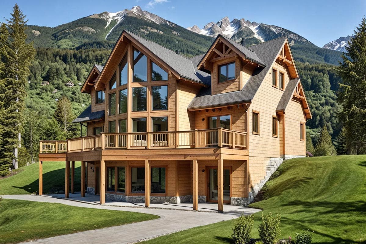 House plan exterior: Lodge style, 3 stories, large deck, gable dormers, extensive front windows, and peaked roof.