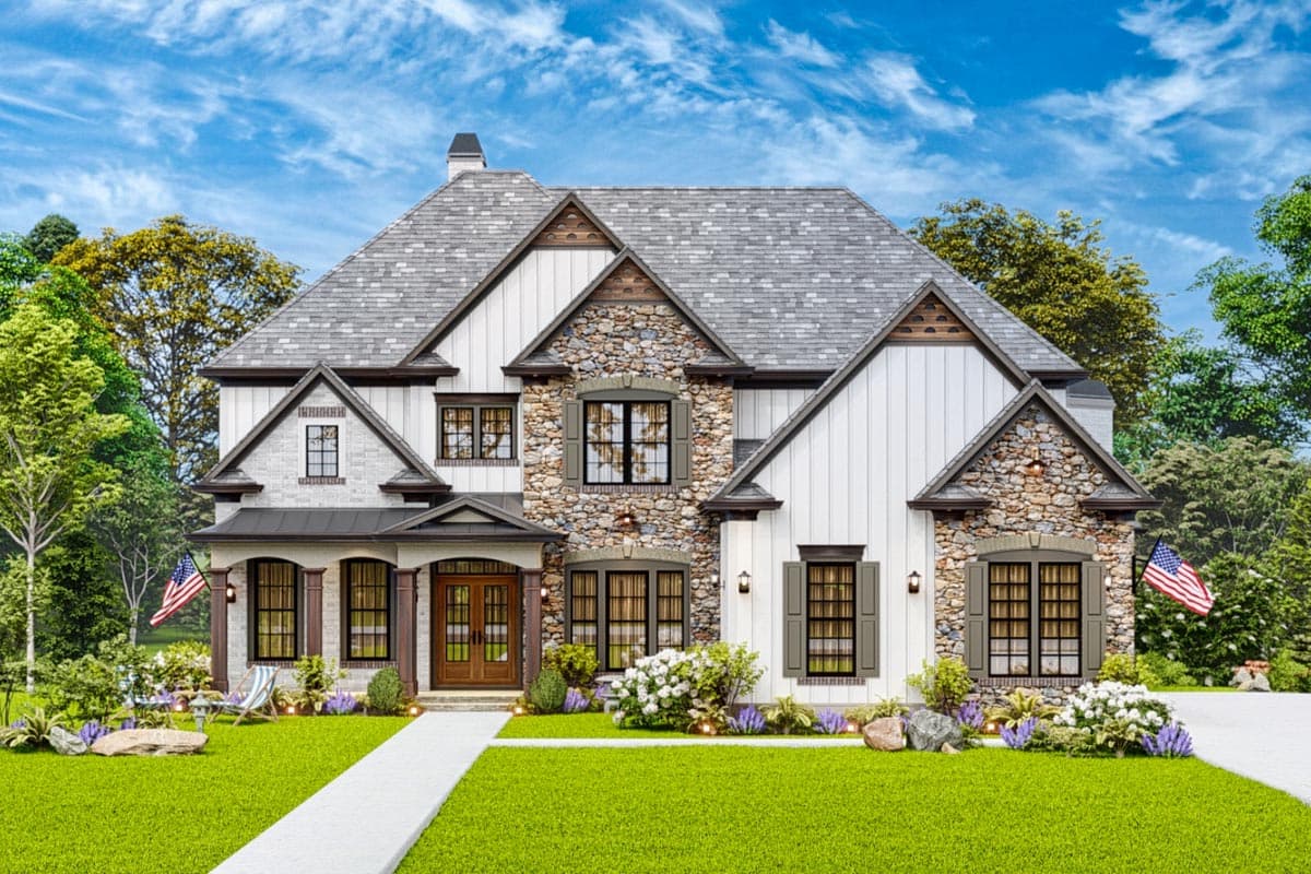 House plan exterior: Two-story home with stone and board-and-batten siding, prominent gables, and a covered entry.