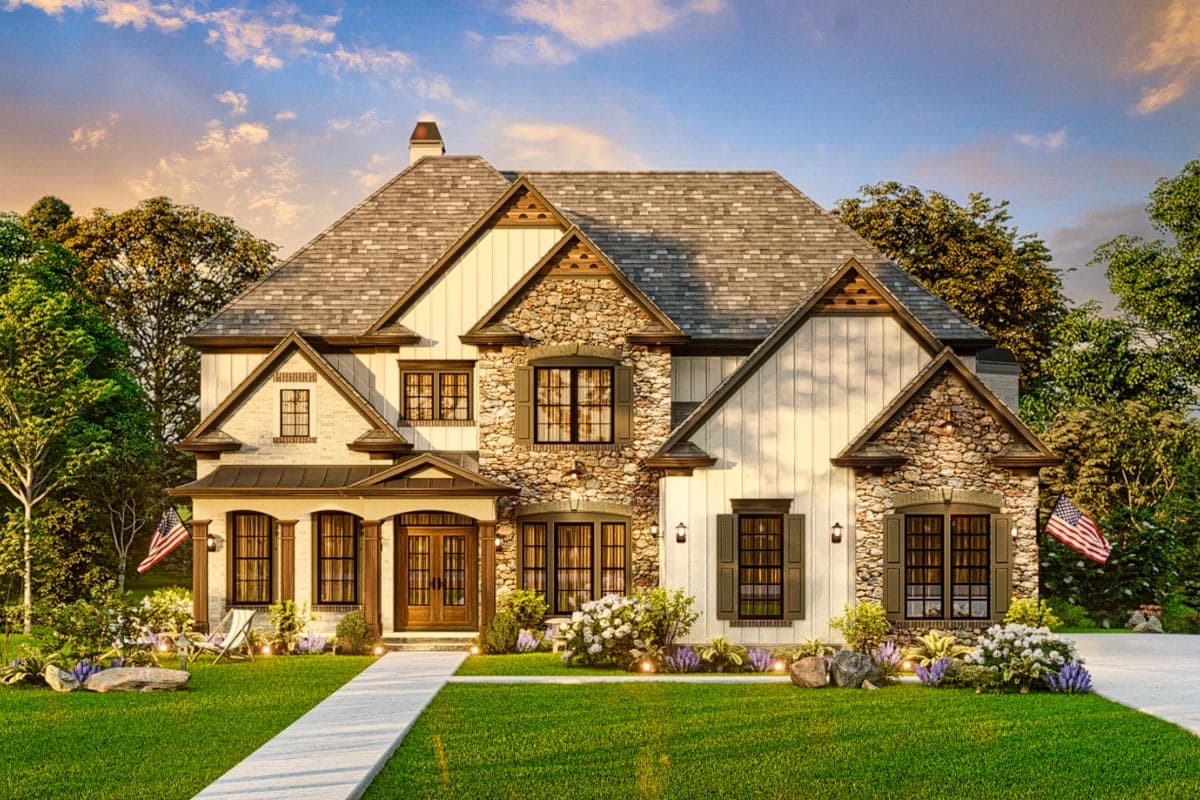 House plan exterior. Two-story home with stone and siding facade, gables, and a front porch. Features include a stone chimney and multi-pane windows.