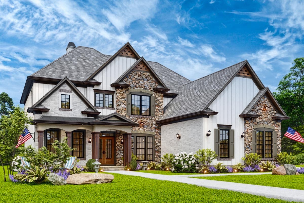 House plan exterior: Two-story residence with stone and vertical siding, prominent gables, covered entry, and dormers.