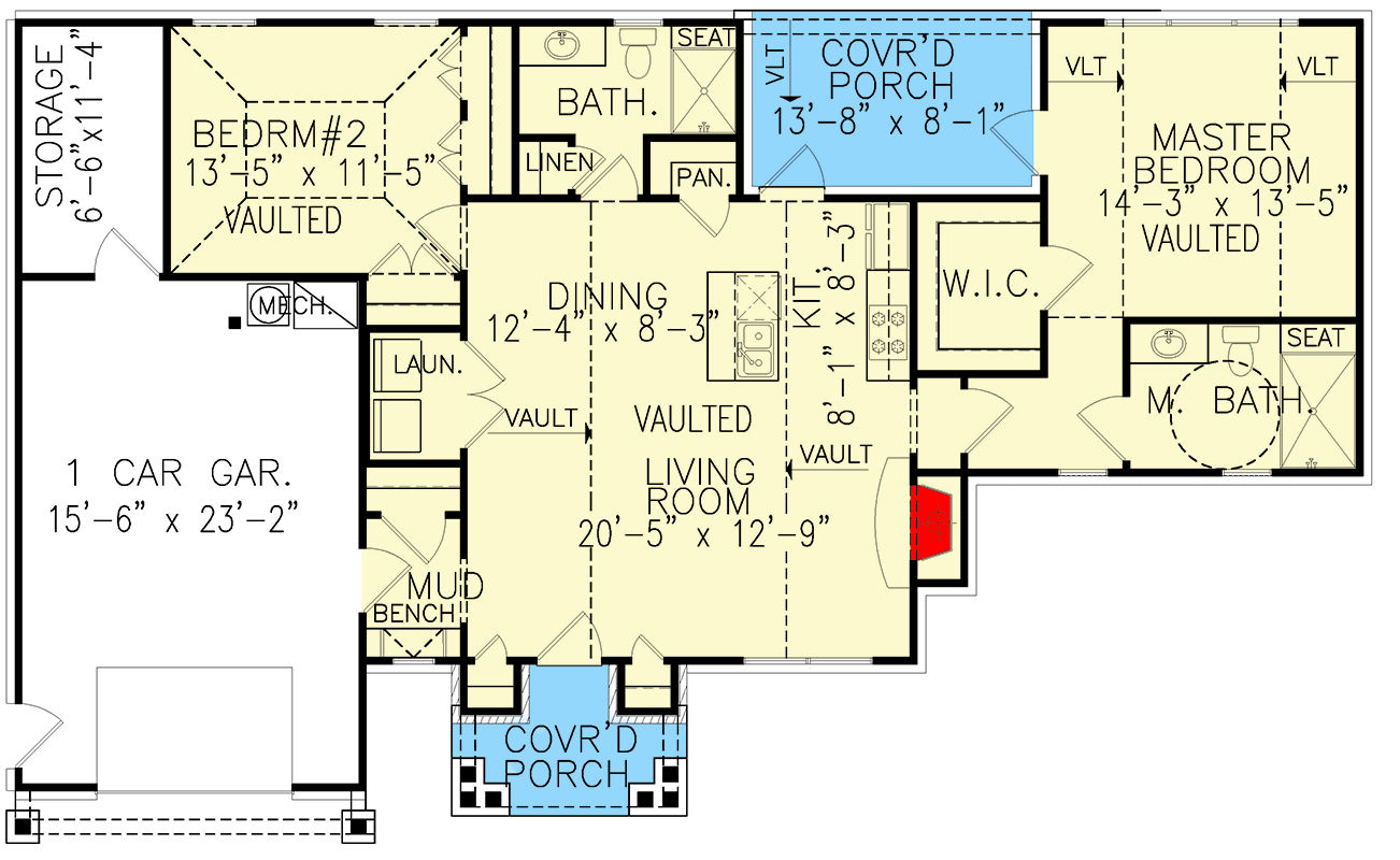Plan 25808GE: Rustic Mountain Cottage Under 1200 Square Feet with Split Bedroom Layout - Floor Plan - Main Level - Cottage, Mountain, Ranch, Rustic