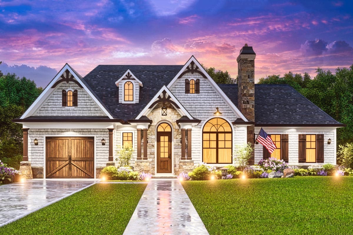 House plan exterior, two-story Modern Farmhouse with stone chimney, gabled dormers, arched windows, and double garage door.