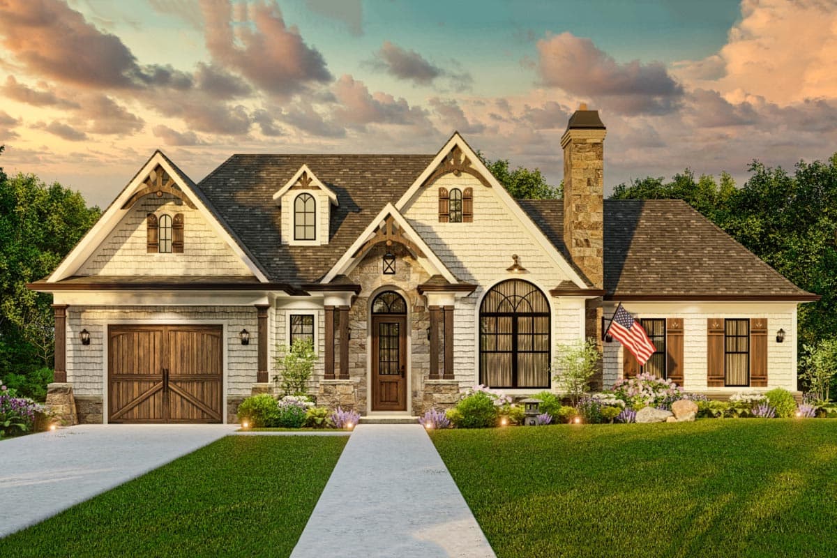 House plan exterior: Craftsman style, one story, with gabled dormers, stone chimney, arched windows, and wood garage doors.