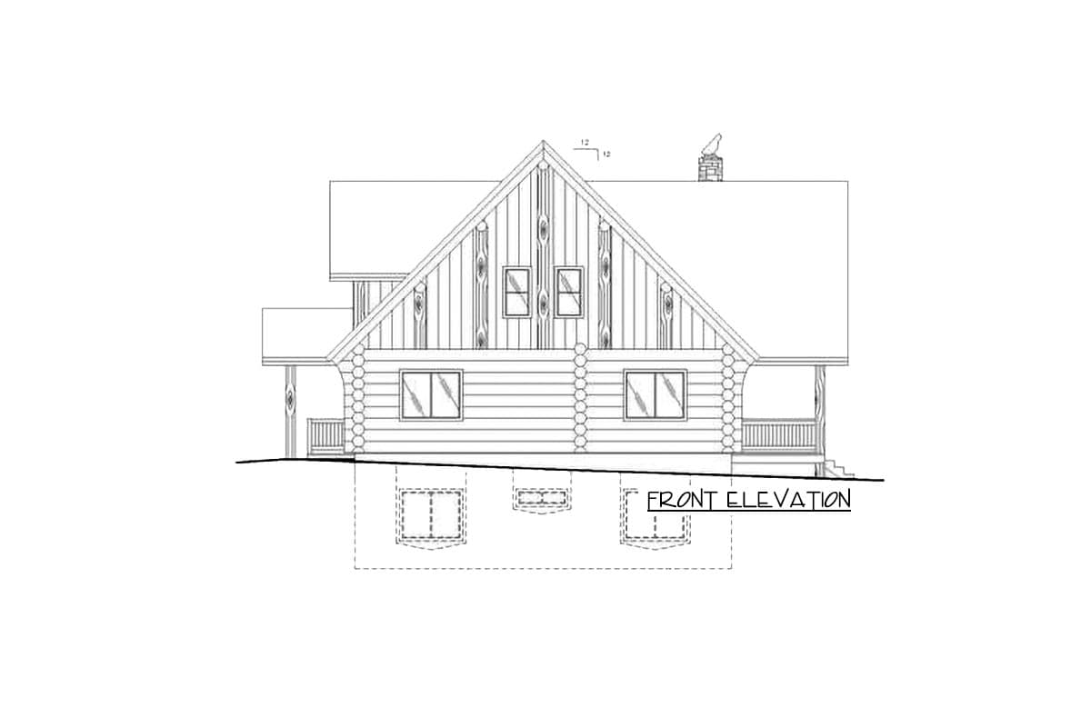 Front elevation drawing of a log cabin house plan featuring a prominent gable, porch, and multiple windows.