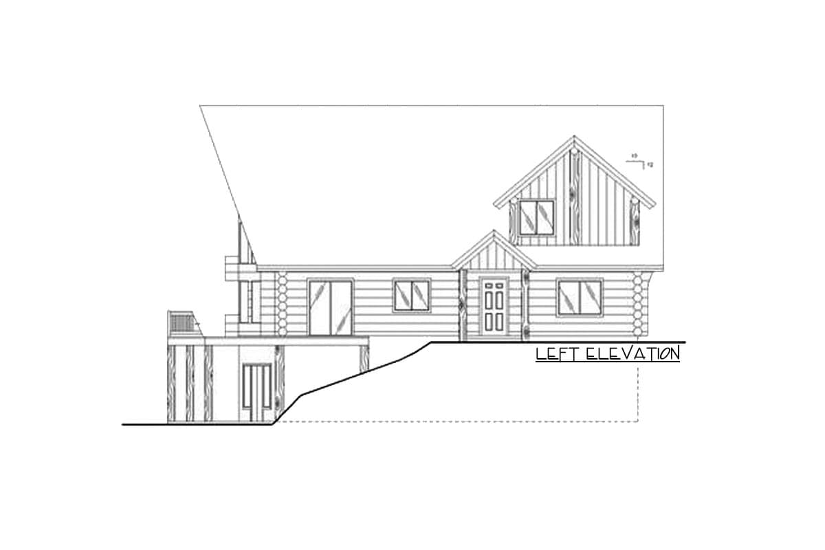 Log home house plan, left elevation showing multiple gables, dormers, and a deck on a sloped foundation.