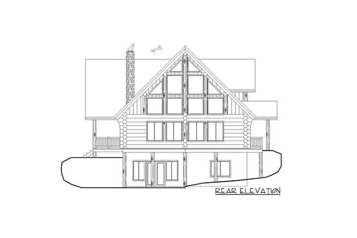Rear elevation house plan drawing of a log home with multiple windows and a prominent gable.