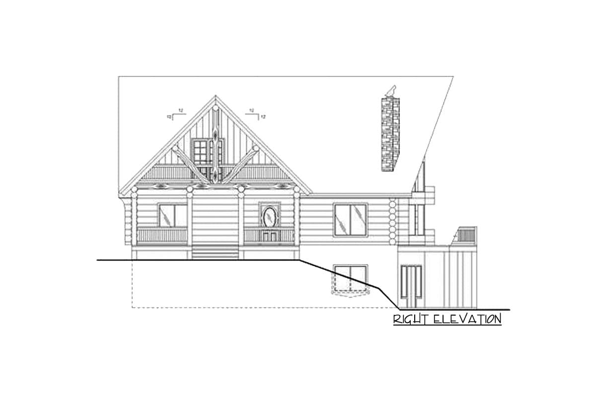 Log home house plan right elevation with a prominent gable, dormer window, and stone chimney.