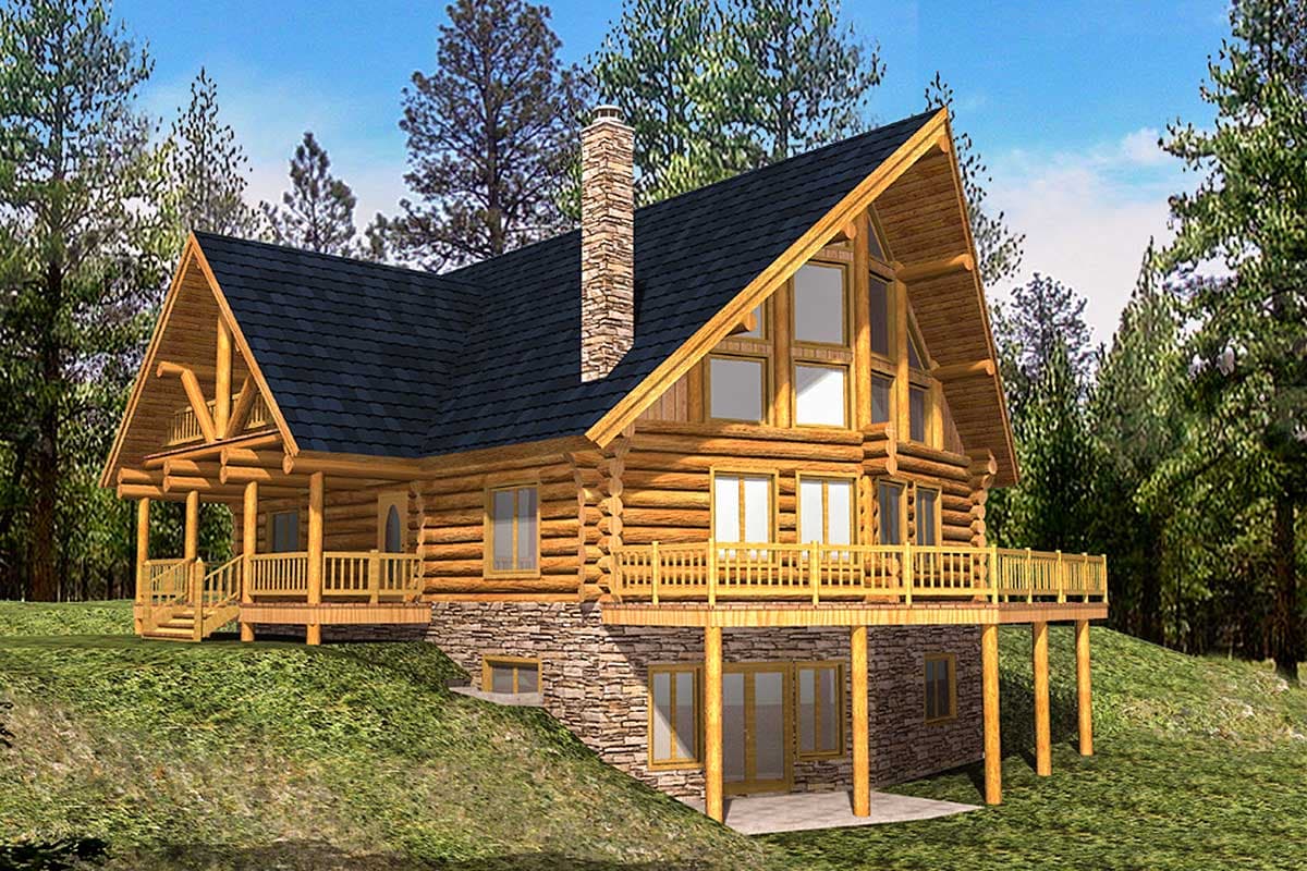 Log cabin house plan exterior featuring a stone foundation, wraparound deck, prominent gables, and a large stone chimney.