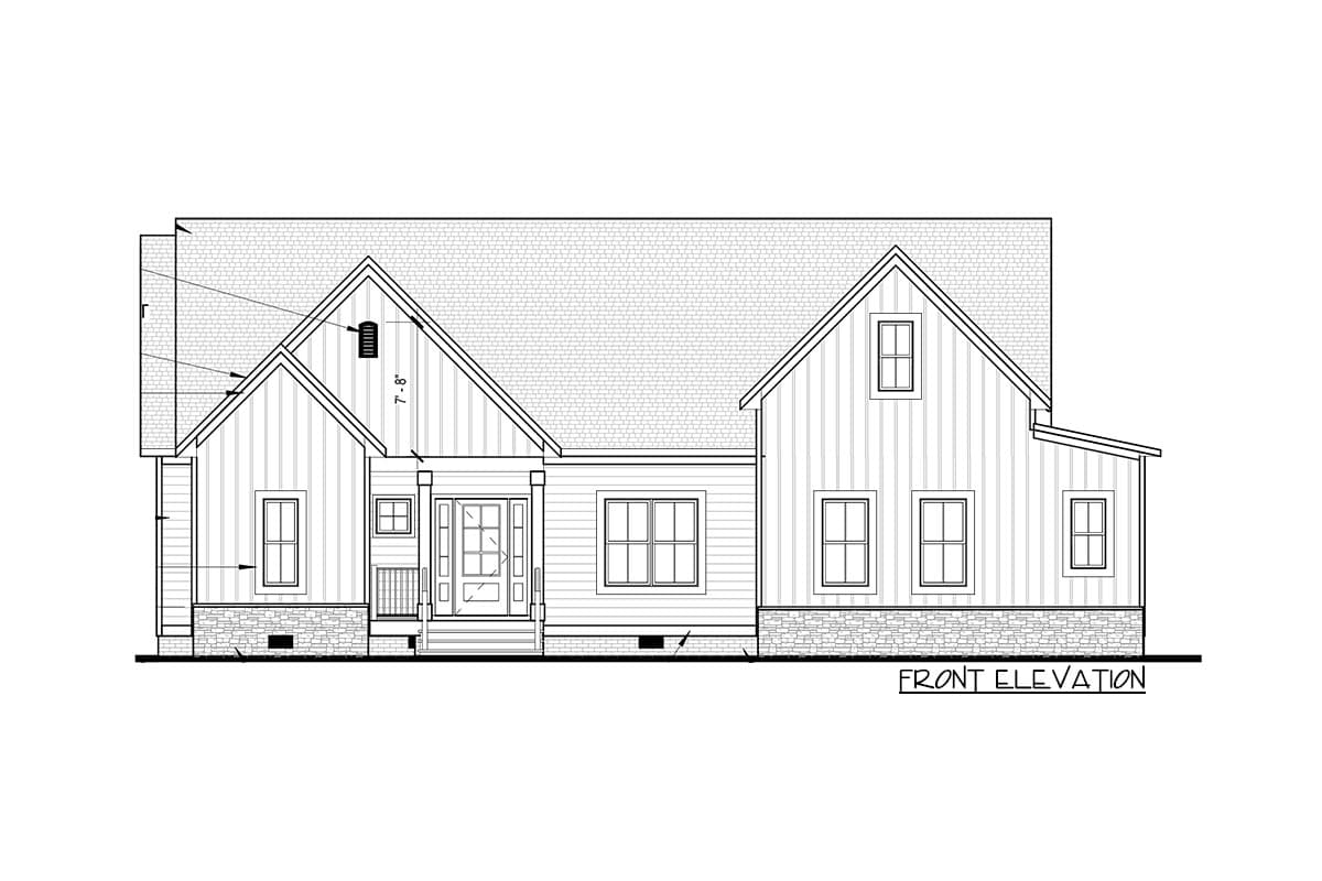 Front elevation of a house plan featuring a covered entry porch, multiple gables, and board-and-batten siding.