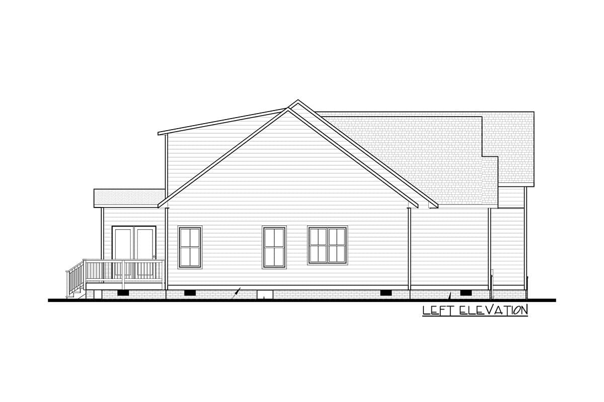 Left elevation drawing of a house plan showing a gabled roof, double doors, deck, and three windows.