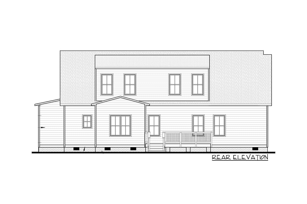 Rear elevation drawing of a two-story house plan featuring a deck, multiple windows, and gabled rooflines.